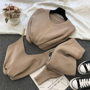 2020 New 3pcs Knitting Suit Long-sleeved Zip Jacket Cardigans Tank Top Pants Women Fashion Solid Lounge Set Casual Tracksuits - Bianca's hair and beauty supply