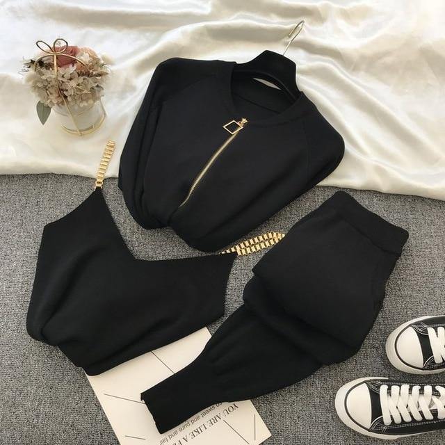 2020 New 3pcs Knitting Suit Long-sleeved Zip Jacket Cardigans Tank Top Pants Women Fashion Solid Lounge Set Casual Tracksuits - Bianca's hair and beauty supply