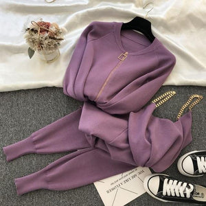 2020 New 3pcs Knitting Suit Long-sleeved Zip Jacket Cardigans Tank Top Pants Women Fashion Solid Lounge Set Casual Tracksuits - Bianca's hair and beauty supply