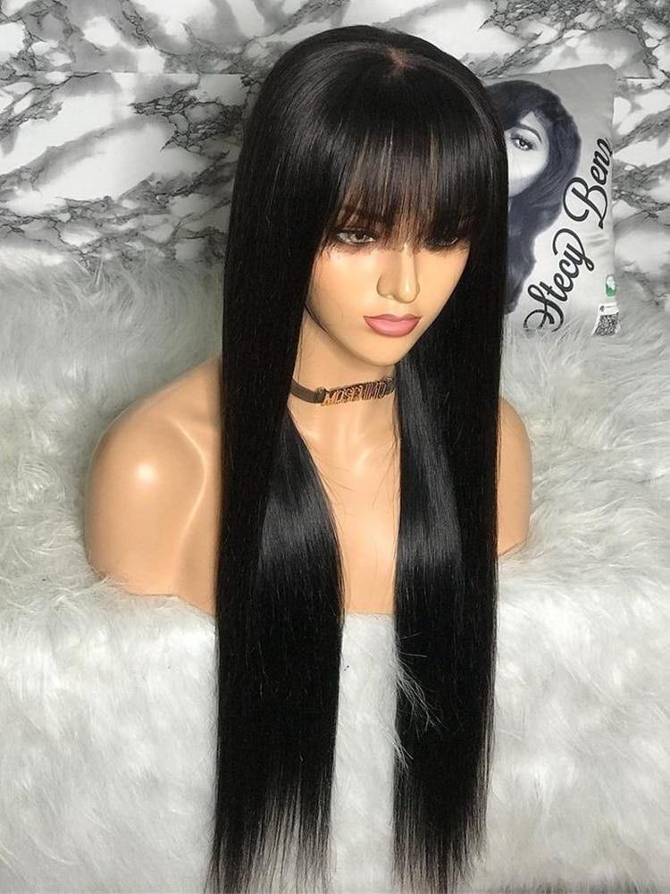 100% Human Hair Wig With Bangs. Short Bob Human Hair Wigs, Brazilian Straight Black 30 Inch Long Fringe Wig - Bianca's hair and beauty supply