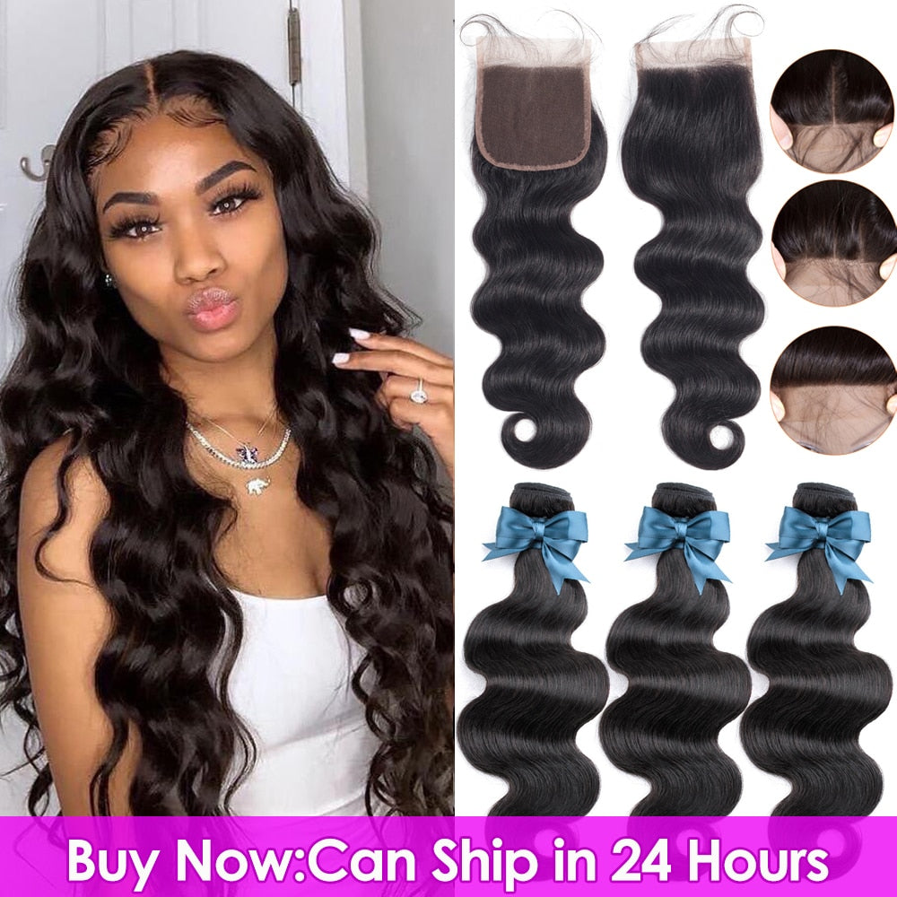 BEAUDIVA Brazilian Hair Body Wave 3 Bundles With Closure Human Hair Bundles With Closure Lace Closure Remy Human Hair Extension - Bianca's hair and beauty supply