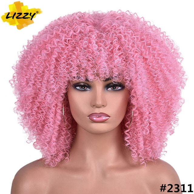 Short Hair Afro Kinky Curly Wigs With Bangs For Black Women African Synthetic Omber Glueless Cosplay Wigs High Temperature Lizzy - Bianca's hair and beauty supply