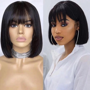 Straight Bob Wig with Bangs Cheap Human Hair Wigs with Bangs for Black Women Brazilian Full Machine Wigs Can Be Permed & Dye - Bianca's hair and beauty supply