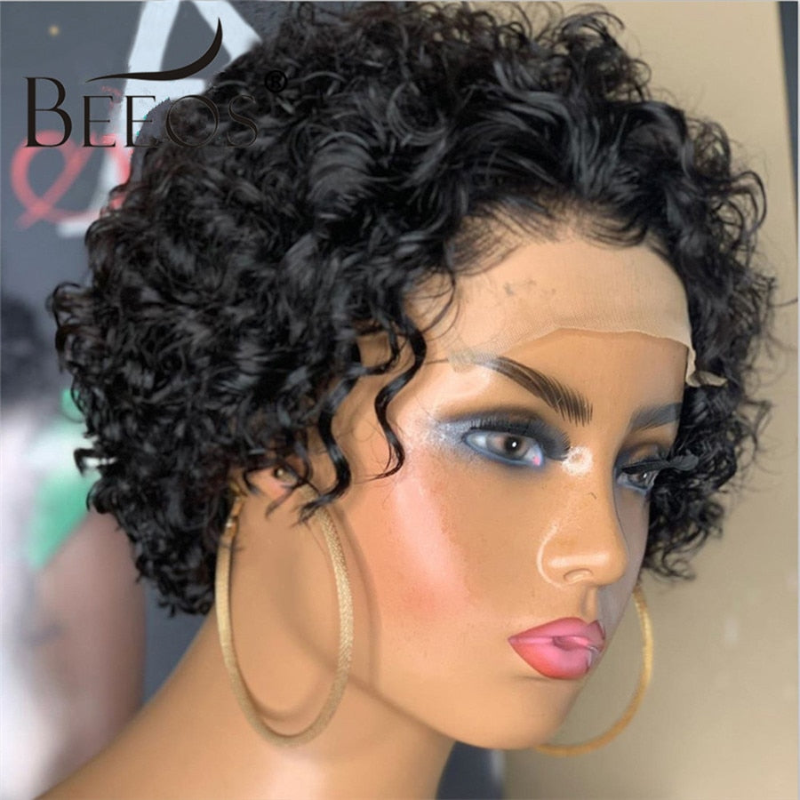 Beeos 250% Pixie Cut Short Curly Wig 4*4 Closure Lace Human Hair Wigs Brazilian Remy 8"Inch Human Hair PrePlucked With Baby Hair - Bianca's hair and beauty supply