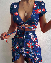 Load image into Gallery viewer, Cryptographic Floral Print Fashion Tie Up Wrap Mini Dress 2021 Summer Holiday Ruffles Sundress Ruched Women's Dress Short Sleeve - Bianca's hair and beauty supply
