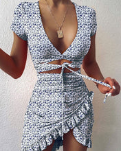Load image into Gallery viewer, Cryptographic Floral Print Fashion Tie Up Wrap Mini Dress 2021 Summer Holiday Ruffles Sundress Ruched Women's Dress Short Sleeve - Bianca's hair and beauty supply
