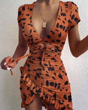 Load image into Gallery viewer, Cryptographic Floral Print Fashion Tie Up Wrap Mini Dress 2021 Summer Holiday Ruffles Sundress Ruched Women's Dress Short Sleeve - Bianca's hair and beauty supply
