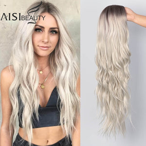 AISI BEAUTY Long Wavy Womens Wig Natural Part Side Hair Ombre Synthetic Wigs Platinum/Blonde/Black Wigs Heat Resistant for Women - Bianca's hair and beauty supply