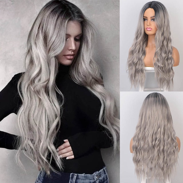 AISI BEAUTY Long Wavy Womens Wig Natural Part Side Hair Ombre Synthetic Wigs Platinum/Blonde/Black Wigs Heat Resistant for Women - Bianca's hair and beauty supply