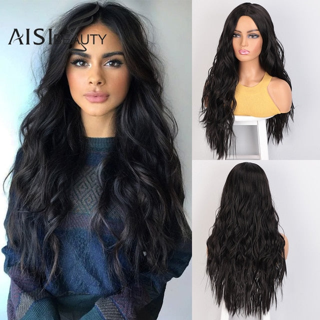 AISI BEAUTY Long Wavy Womens Wig Natural Part Side Hair Ombre Synthetic Wigs Platinum/Blonde/Black Wigs Heat Resistant for Women - Bianca's hair and beauty supply