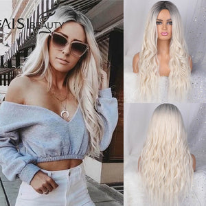 AISI BEAUTY Long Wavy Womens Wig Natural Part Side Hair Ombre Synthetic Wigs Platinum/Blonde/Black Wigs Heat Resistant for Women - Bianca's hair and beauty supply