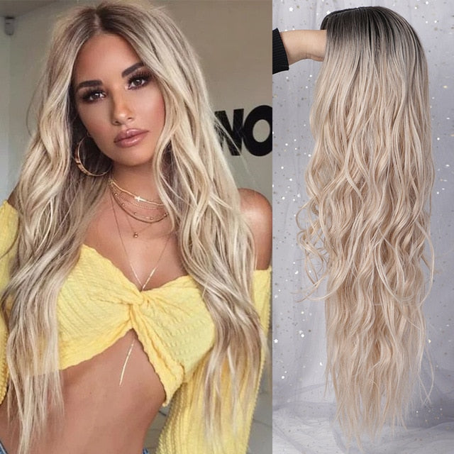 AISI BEAUTY Long Wavy Womens Wig Natural Part Side Hair Ombre Synthetic Wigs Platinum/Blonde/Black Wigs Heat Resistant for Women - Bianca's hair and beauty supply