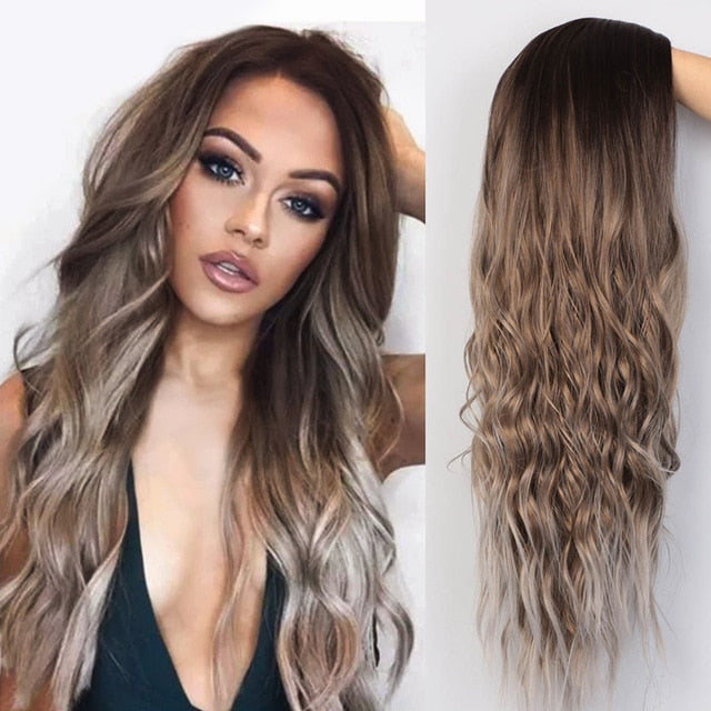 AISI BEAUTY Long Wavy Womens Wig Natural Part Side Hair Ombre Synthetic Wigs Platinum/Blonde/Black Wigs Heat Resistant for Women - Bianca's hair and beauty supply