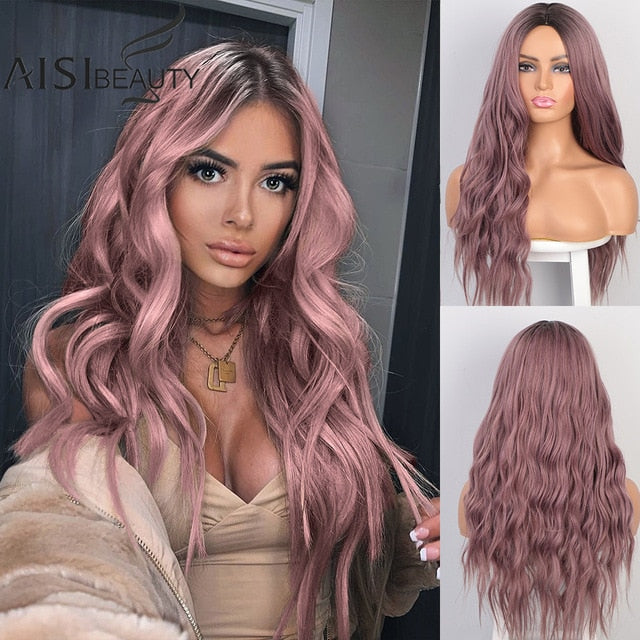 AISI BEAUTY Long Wavy Womens Wig Natural Part Side Hair Ombre Synthetic Wigs Platinum/Blonde/Black Wigs Heat Resistant for Women - Bianca's hair and beauty supply