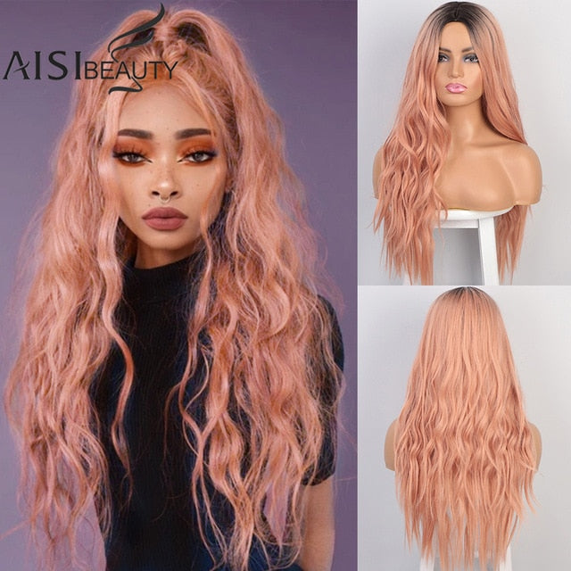 AISI BEAUTY Long Wavy Womens Wig Natural Part Side Hair Ombre Synthetic Wigs Platinum/Blonde/Black Wigs Heat Resistant for Women - Bianca's hair and beauty supply