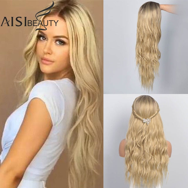 AISI BEAUTY Long Wavy Womens Wig Natural Part Side Hair Ombre Synthetic Wigs Platinum/Blonde/Black Wigs Heat Resistant for Women - Bianca's hair and beauty supply