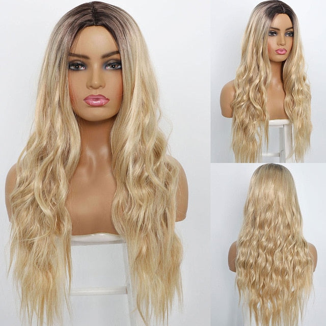 AISI BEAUTY Long Wavy Womens Wig Natural Part Side Hair Ombre Synthetic Wigs Platinum/Blonde/Black Wigs Heat Resistant for Women - Bianca's hair and beauty supply