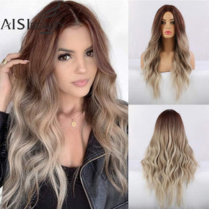 AISI BEAUTY Long Wavy Womens Wig Natural Part Side Hair Ombre Synthetic Wigs Platinum/Blonde/Black Wigs Heat Resistant for Women - Bianca's hair and beauty supply