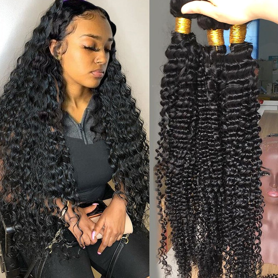 Fashow 30 32 34 36 Inch Brazilian Deep Wave Hair Bundles Deep Curly Human Hair Weaves 100% Natural Human Hair Bundles Remy Hair - Bianca's hair and beauty supply