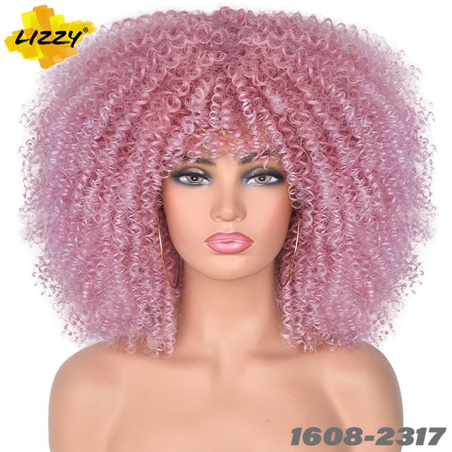 Short Hair Afro Kinky Curly Wigs With Bangs For Black Women African Synthetic Omber Glueless Cosplay Wigs High Temperature Lizzy - Bianca's hair and beauty supply