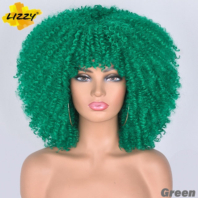 Short Hair Afro Kinky Curly Wigs With Bangs For Black Women African Synthetic Omber Glueless Cosplay Wigs High Temperature Lizzy - Bianca's hair and beauty supply