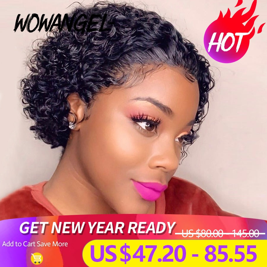 Wowangel Pixie Cut Lace Wig Preplucked Blunt Cut Bob Closure Lace Front Wig Short Human Hair Wigs Curly Human Hair Wigs Glueless - Bianca's hair and beauty supply