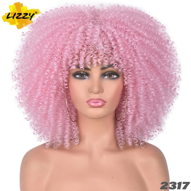 Short Hair Afro Kinky Curly Wigs With Bangs For Black Women African Synthetic Omber Glueless Cosplay Wigs High Temperature Lizzy - Bianca's hair and beauty supply