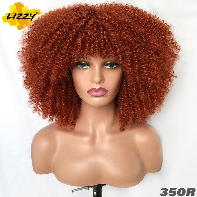 Short Hair Afro Kinky Curly Wigs With Bangs For Black Women African Synthetic Omber Glueless Cosplay Wigs High Temperature Lizzy - Bianca's hair and beauty supply