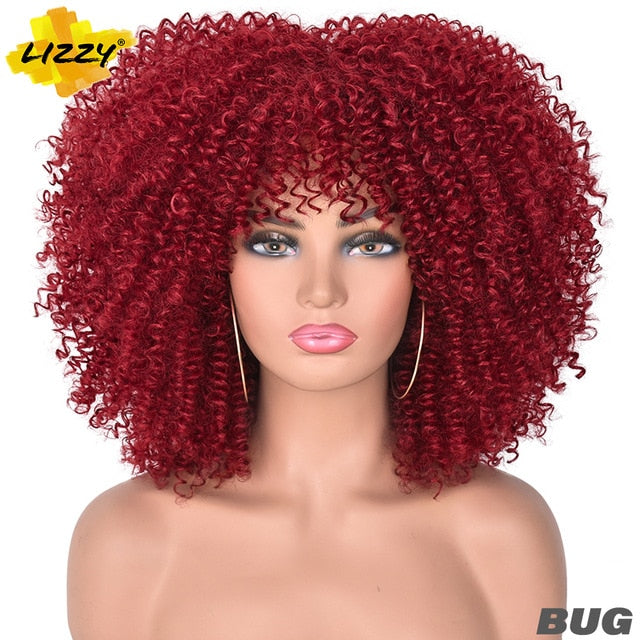 Short Hair Afro Kinky Curly Wigs With Bangs For Black Women African Synthetic Omber Glueless Cosplay Wigs High Temperature Lizzy - Bianca's hair and beauty supply