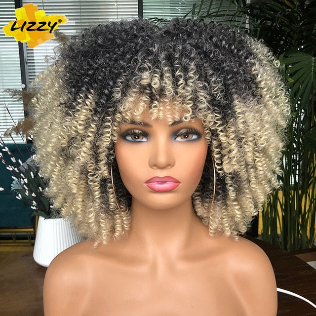 Short Hair Afro Kinky Curly Wigs With Bangs For Black Women African Synthetic Omber Glueless Cosplay Wigs High Temperature Lizzy - Bianca's hair and beauty supply