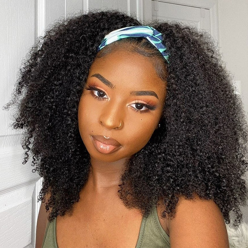 Glueless WIGMY Afro Kinky Curly Silk Headband Wig Human Hair for Black Women Brazilian Half Wigs for Black Women - Bianca's hair and beauty supply