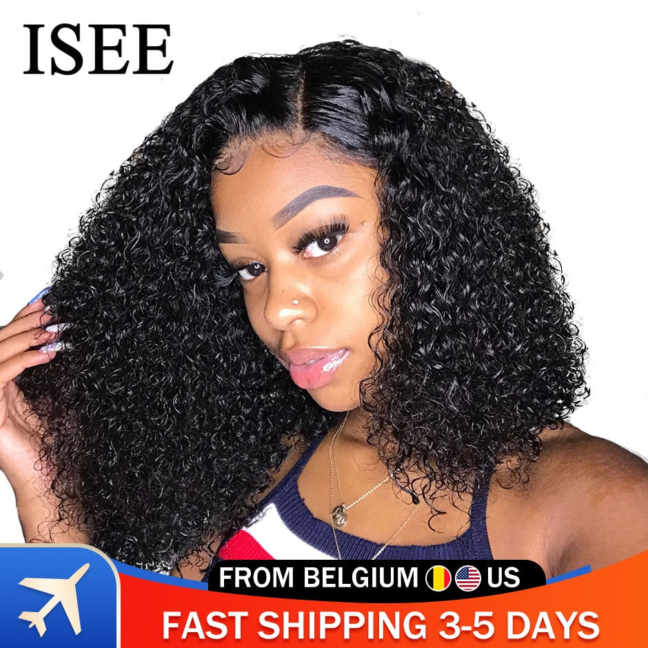 ISEE HAIR Curly Lace Front Wigs For Women Kinky Curly Lace Frontal Wig 4X4 Lace Closure Bob Wig Brazilian Curly Human Hair Wigs - Bianca's hair and beauty supply