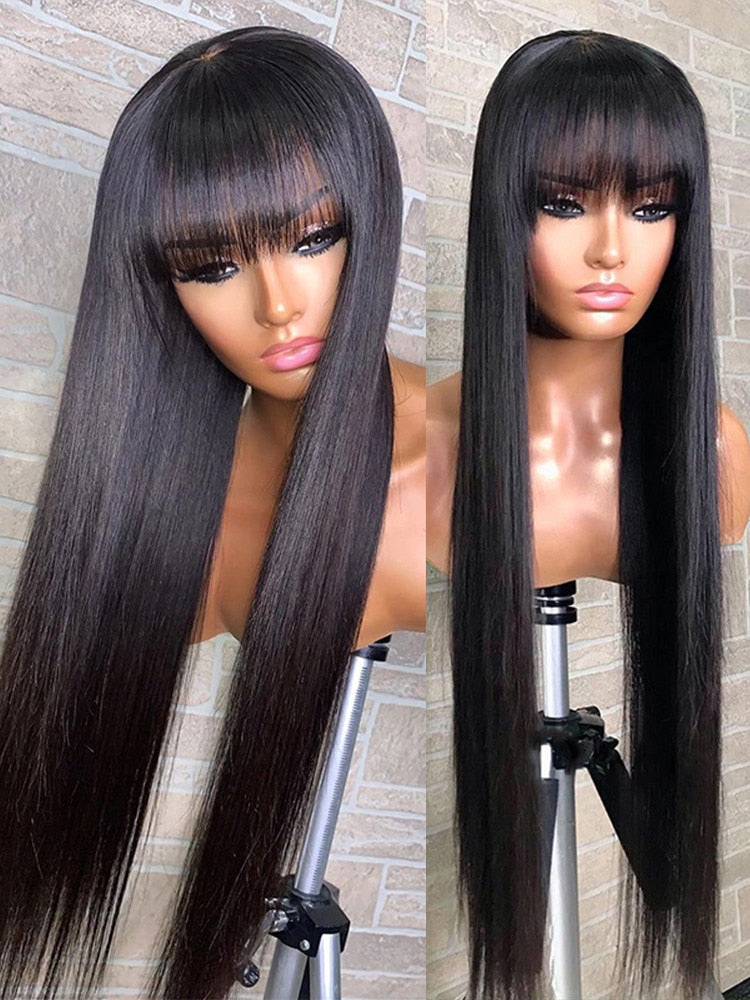 Human Hair Wigs with Bangs Bone Straight Short Bob Hair 100% Cheap Long Fringe Wig Human Hair For Black Women Brazilian Remy Wig - Bianca's hair and beauty supply