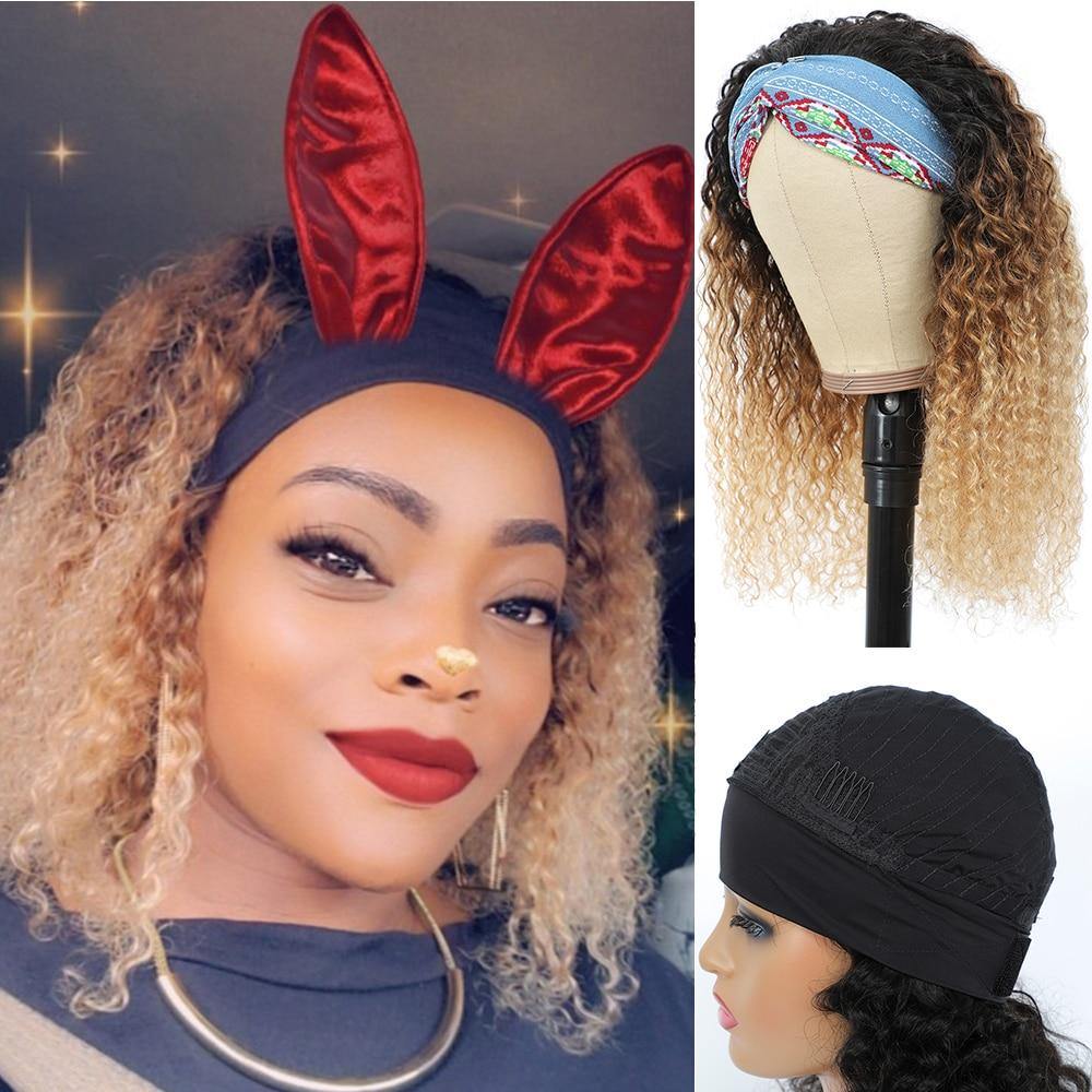 Curly Human Hair Headband Wig Ombre Remy Human Hair Wigs Grip Headband Scarf No plucking Wigs For Women Colored Hair Wig - Bianca's hair and beauty supply