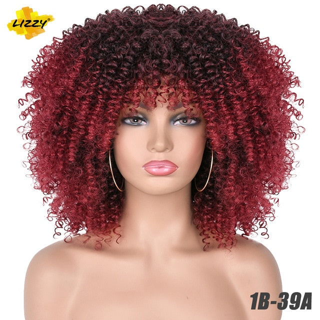 Short Hair Afro Kinky Curly Wigs With Bangs For Black Women African Synthetic Omber Glueless Cosplay Wigs High Temperature Lizzy - Bianca's hair and beauty supply