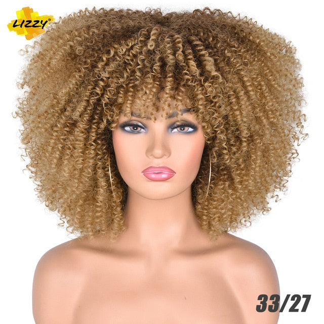 Short Hair Afro Kinky Curly Wigs With Bangs For Black Women African Synthetic Omber Glueless Cosplay Wigs High Temperature Lizzy - Bianca's hair and beauty supply