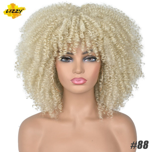 Short Hair Afro Kinky Curly Wigs With Bangs For Black Women African Synthetic Omber Glueless Cosplay Wigs High Temperature Lizzy - Bianca's hair and beauty supply