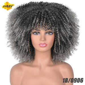 Short Hair Afro Kinky Curly Wigs With Bangs For Black Women African Synthetic Omber Glueless Cosplay Wigs High Temperature Lizzy - Bianca's hair and beauty supply