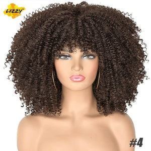 Short Hair Afro Kinky Curly Wigs With Bangs For Black Women African Synthetic Omber Glueless Cosplay Wigs High Temperature Lizzy - Bianca's hair and beauty supply