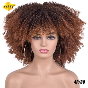 Short Hair Afro Kinky Curly Wigs With Bangs For Black Women African Synthetic Omber Glueless Cosplay Wigs High Temperature Lizzy - Bianca's hair and beauty supply