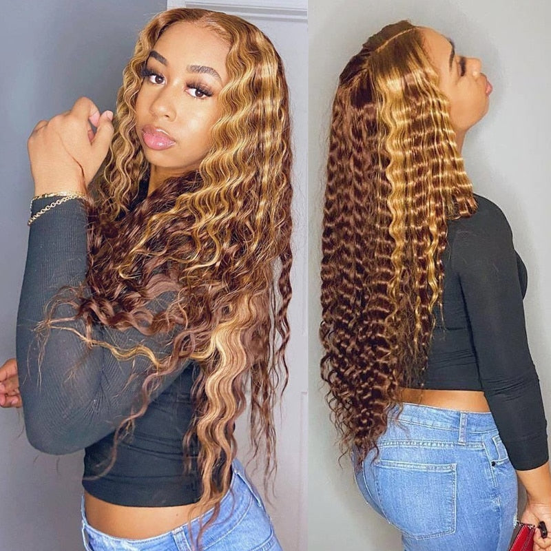 Curly Human Hair Wig Honey Blonde Ombre 13x1 Brazilian Brown Color Deep Water Wave Hd Frontal Highlight Bob Lace Front Wigs - Bianca's hair and beauty supply