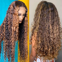 Load image into Gallery viewer, Curly Human Hair Wig Honey Blonde Ombre 13x1 Brazilian Brown Color Deep Water Wave Hd Frontal Highlight Bob Lace Front Wigs - Bianca's hair and beauty supply
