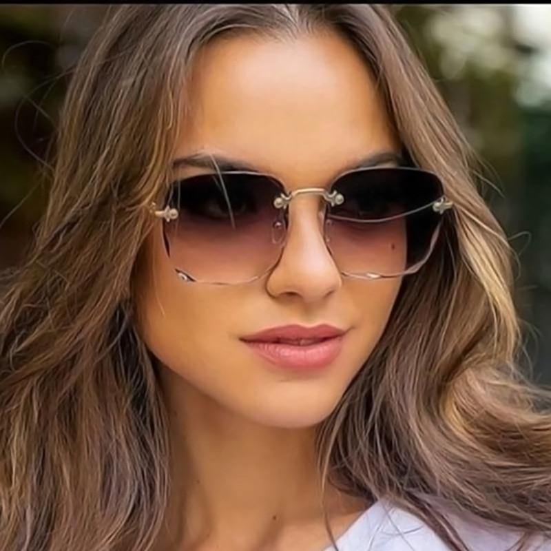 2021 Square Rimless Sunglasses Women Luxury Brand Designer Summer Red Glasses Fashion Sun glasses For Men UV400 Shades Oculos - Bianca's hair and beauty supply