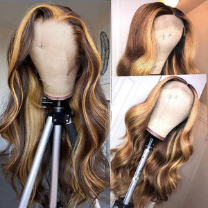 30 Inch Highlight Human Hair Wigs Body Wave Lace T Part Wig Peruvian Hair Remy 13x1 Ombre Honey Blonde And Brown Highlight Wig - Bianca's hair and beauty supply