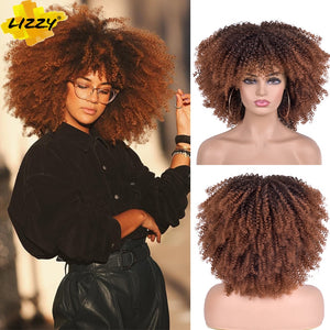 Short Hair Afro Kinky Curly Wigs With Bangs For Black Women African Synthetic Omber Glueless Cosplay Wigs High Temperature Lizzy - Bianca's hair and beauty supply