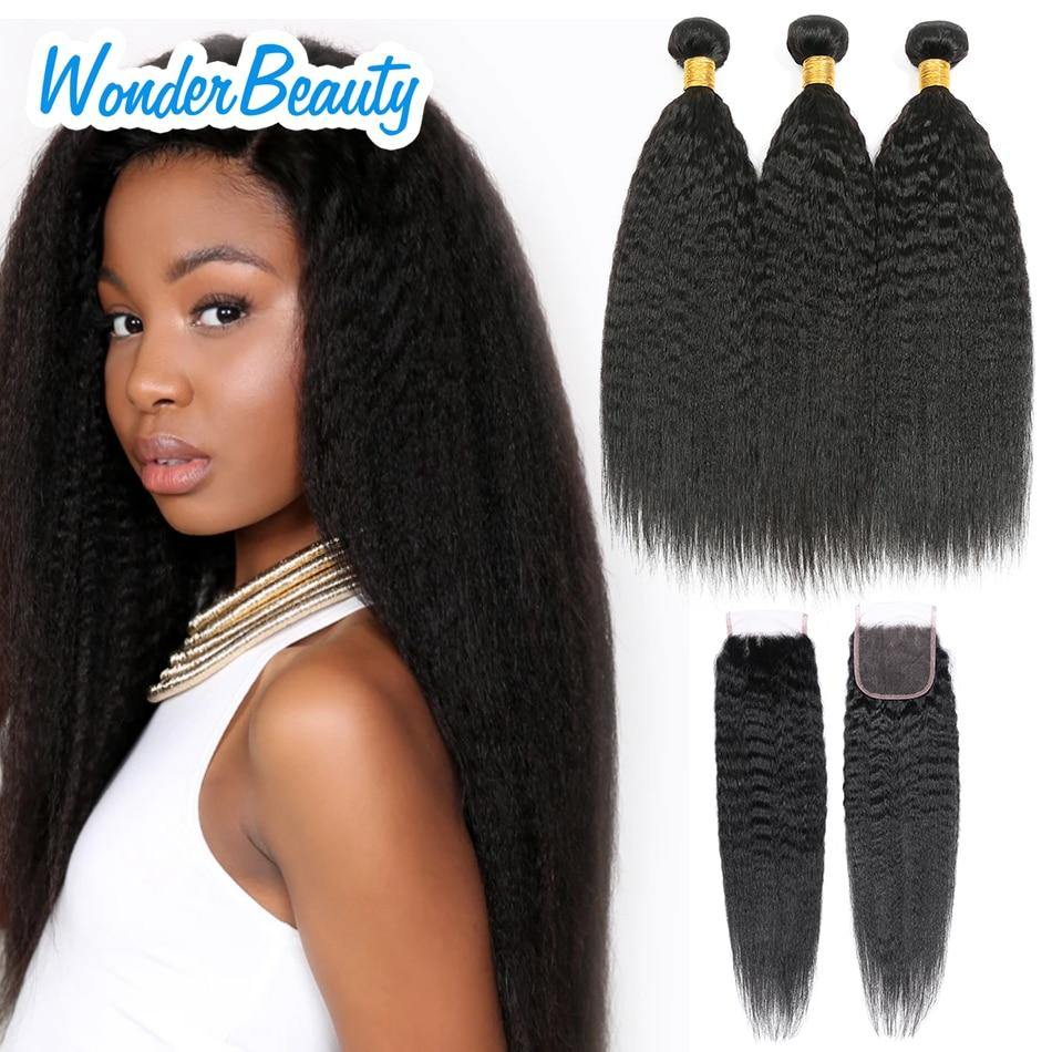 Kinky Straight Hair Bundle With Closure Brazilian Human Hair Wonder Beauty Human Hair Bundles with Closure 8-30Inches - Bianca's hair and beauty supply