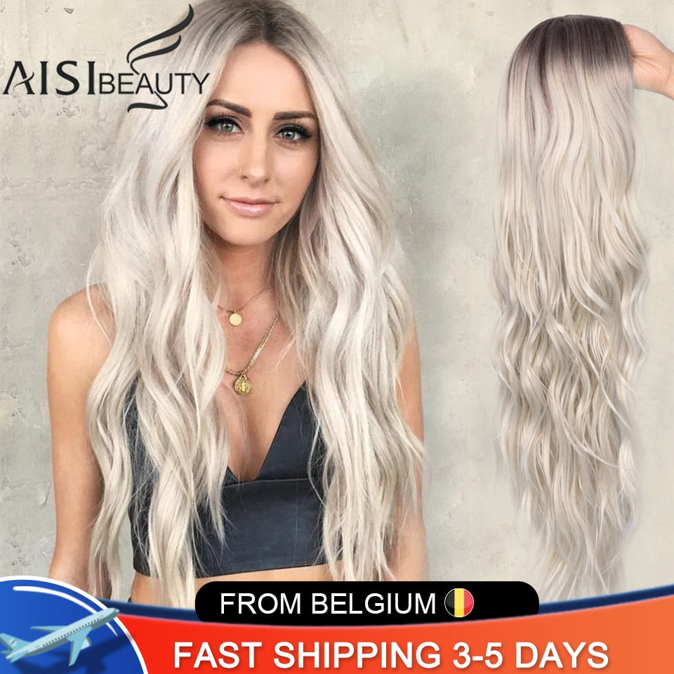 AISI BEAUTY Long Wavy Womens Wig Natural Part Side Hair Ombre Synthetic Wigs Platinum/Blonde/Black Wigs Heat Resistant for Women - Bianca's hair and beauty supply