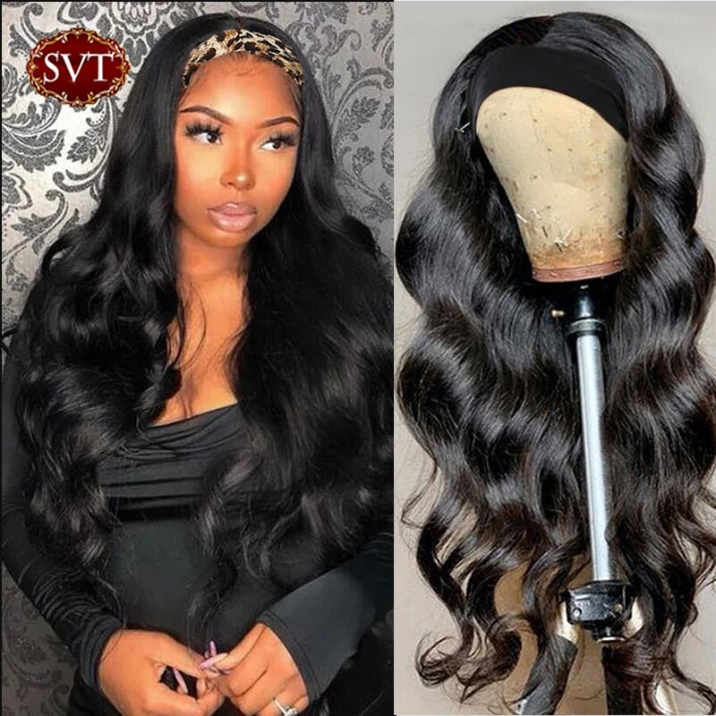 SVT Headband Wig 100% Human Hair Scarf Wig 150%/180% Density Remy Brazilian Body Wave Wig Natural Wavy Glueless Wig for Women 1B - Bianca's hair and beauty supply