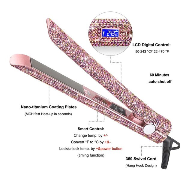 Professional Crystal Hair Flat Iron LCD Digital Display Titanium Plate Diamond Sparkling Rhinestones Hair Straighteners Tools - Bianca's hair and beauty supply