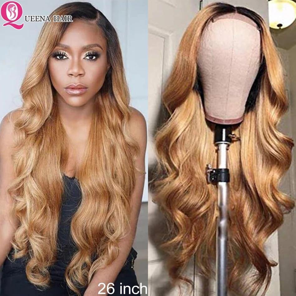 Honey Blonde Lace Front Wigs Ombre Human Hair Wig 1B/27 Brown Ombre Body Wave Wig 180% Peruvian Hair Wigs 4x4 Lace Closure Wig - Bianca's hair and beauty supply